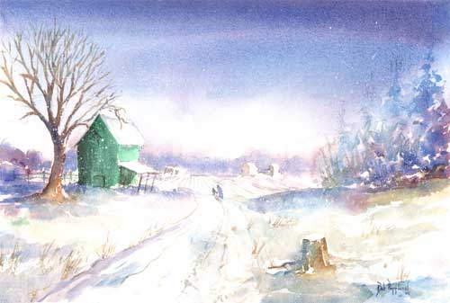 Snowy Barns print Bob Pittman Art - Painting, Watercolor, Oil, acrylic, Eastern NC, North Carolina, rural landscapes, Barns, tobacco, Fine Art Prints.