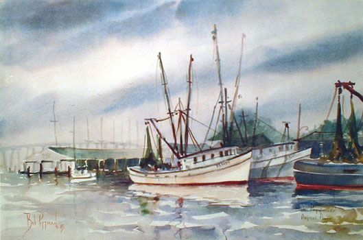 Oriental Harbor Marina print Bob Pittman Art - Painting, Watercolor, Oil, acrylic, Eastern NC, North Carolina, rural landscapes, Barns, tobacco, Fine Art Prints.