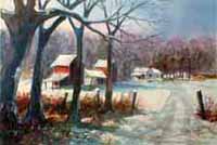Red Barns in Snow - Watercolor Print Eastern North Carolina Rural - Bob Pittman Art