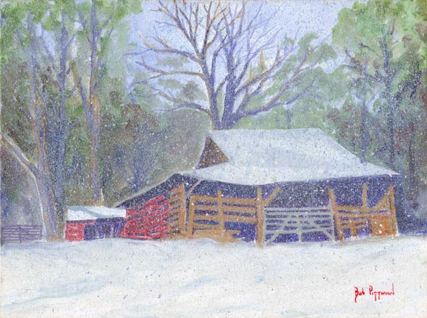 Snowy Barns print Bob Pittman Art - Painting, Watercolor, Oil, acrylic, Eastern NC, North Carolina, rural landscapes, Barns, tobacco, Fine Art Prints.